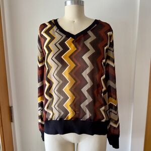 Missoni for Target Sheer Brown Chevron Stripe Print Chiffon Blouse-V Neck-Sz M